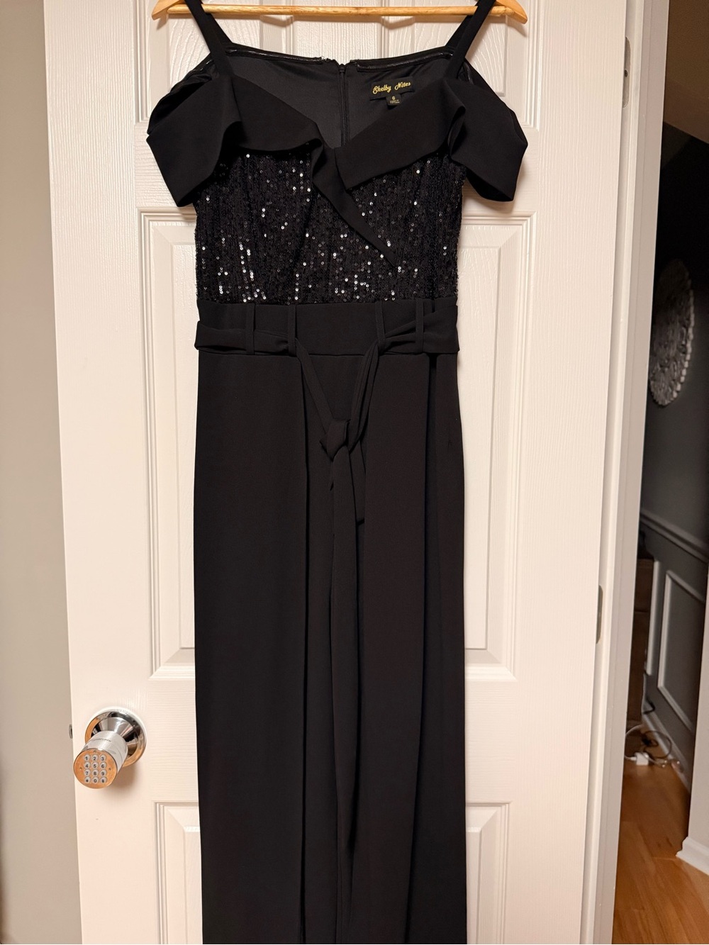 Black Sequin Off-Shoulder Wide-Leg Jumpsuit